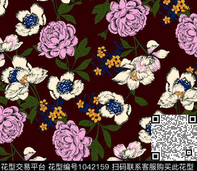 大花-枣红.jpg - 1042159 - 抽象花卉 女装 几何 - 传统印花花型 － 女装花型设计 － 瓦栏