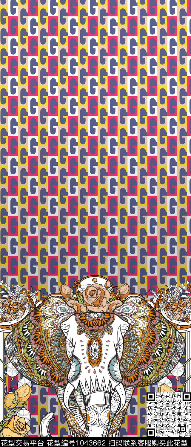 几何民族风大象定位.jpg - 1043662 - 古典花纹 大象 定位花 - 传统印花花型 － 女装花型设计 － 瓦栏