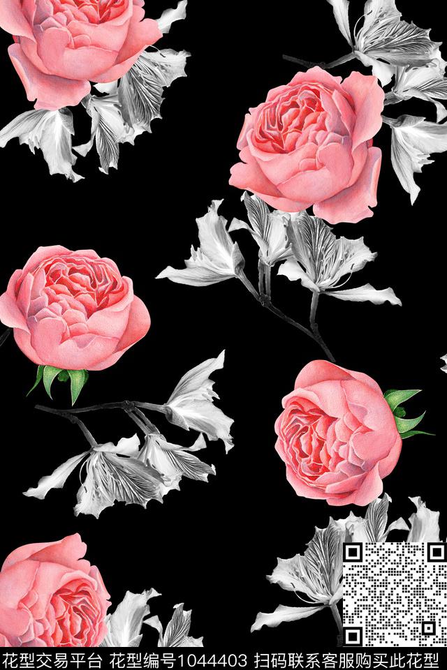 20180410b.jpg - 1044403 - 黑白花型 花卉 玫瑰花 - 数码印花花型 － 女装花型设计 － 瓦栏