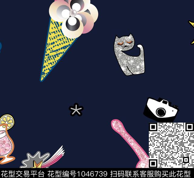 冰激凌猫星星数码印花花型下载（图片编号: 1046739） - 瓦栏（Walan）