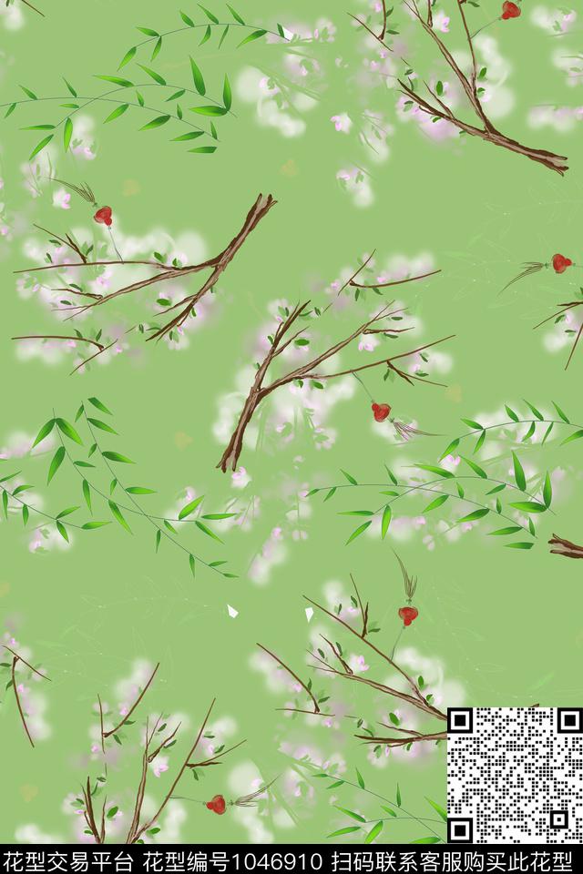 数码花型水彩花卉桃花数码印花花型下载（图片编号: 1046910） - 瓦栏（Walan）