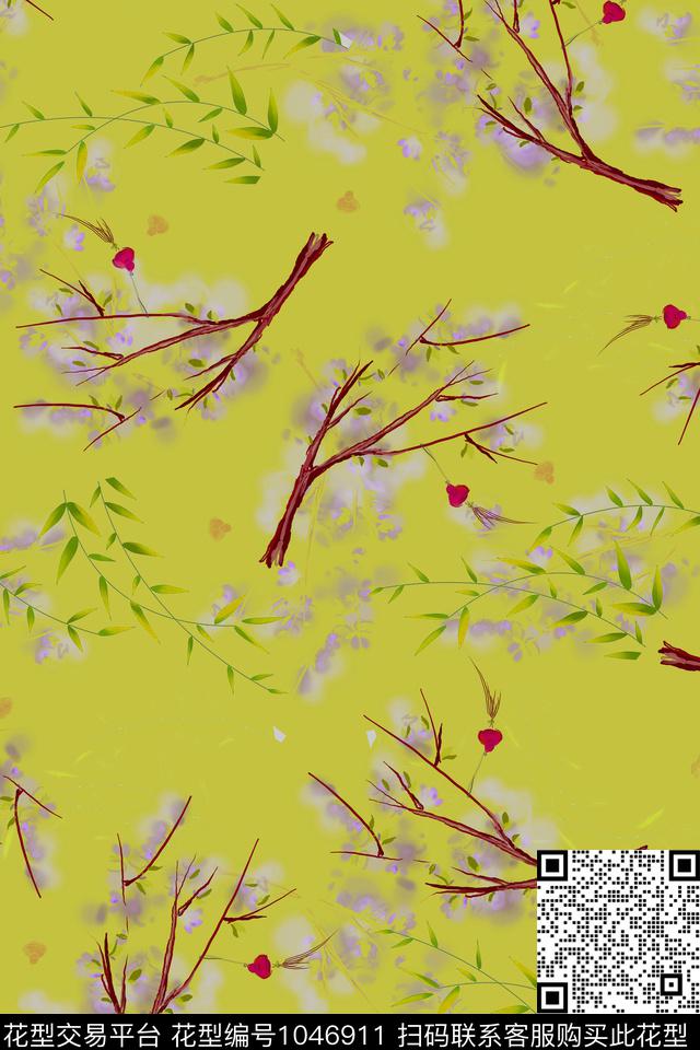 数码花型水彩花卉桃花数码印花花型下载（图片编号: 1046911） - 瓦栏（Walan）