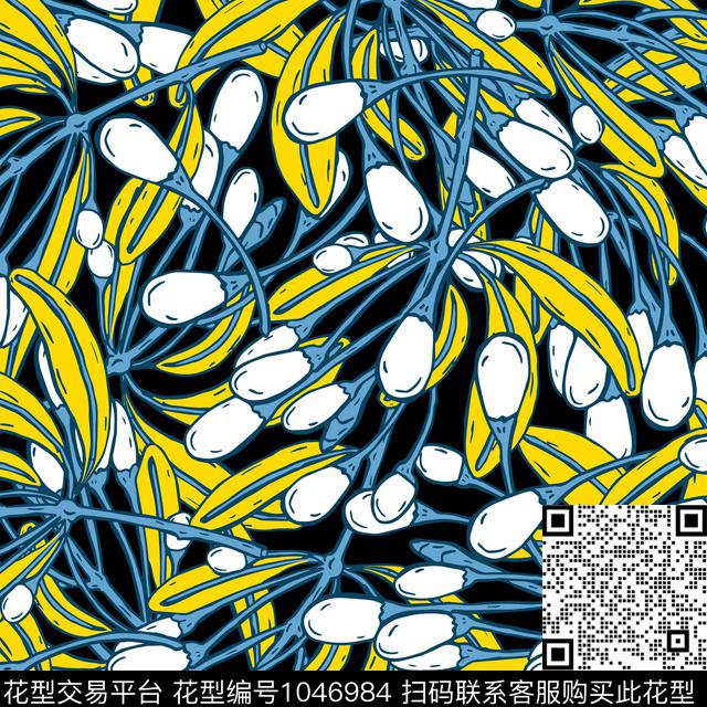 枇杷 黑底-01.jpg - 1046984 - 数码花型 创意 花卉 - 传统印花花型 － 女装花型设计 － 瓦栏