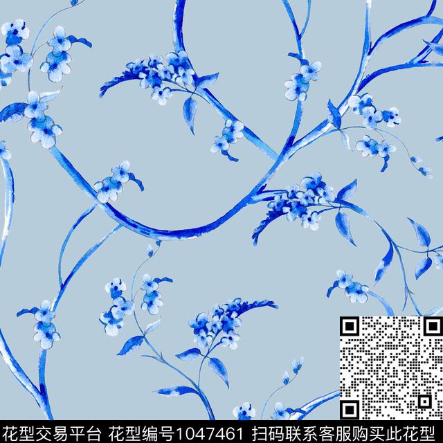 青花瓷青色藤蔓数码印花花型下载（图片编号: 1047461） - 瓦栏（Walan）