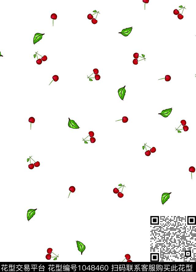樱桃.jpg - 1048460 - 植物 樱桃 清爽底花卉 - 传统印花花型 － 女装花型设计 － 瓦栏