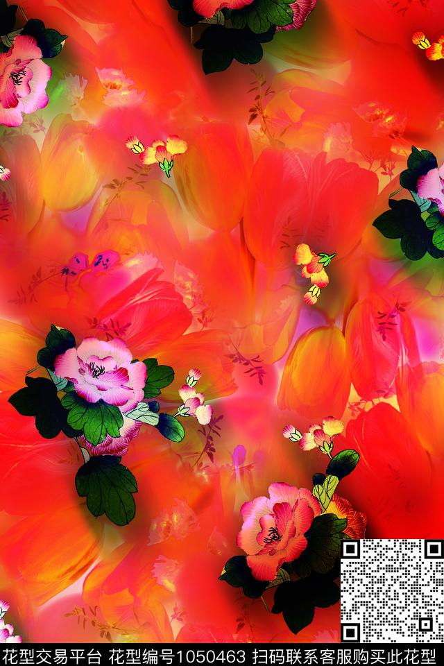 手绘花卉少女数码印花花型下载（图片编号: 1050463） - 瓦栏（Walan）