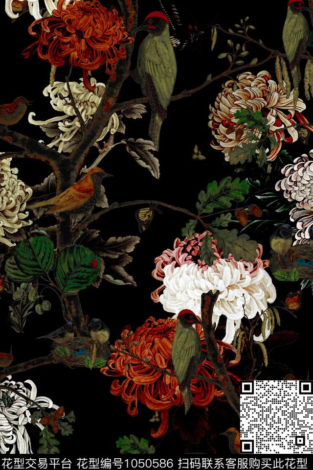 40.jpg - 1050586 - 黑底花卉 植物 水墨风 - 数码印花花型 － 女装花型设计 － 瓦栏