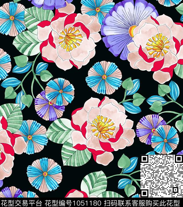 数码花型黑底花卉花卉数码印花花型下载（图片编号: 1051180） - 瓦栏（Walan）