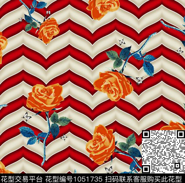 条纹花卉玫瑰花数码印花花型下载（图片编号: 1051735） - 瓦栏（Walan）