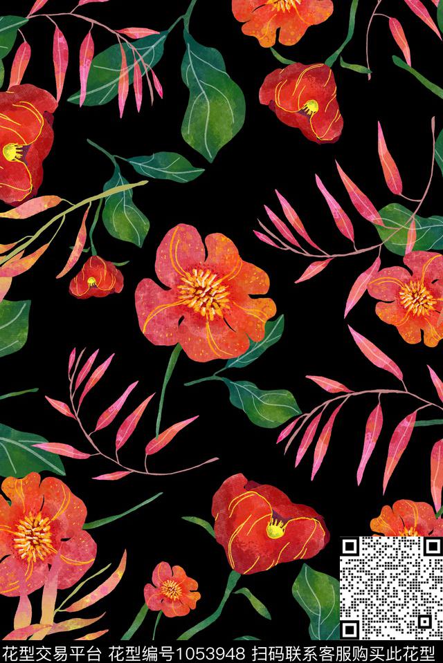 水彩植物2(黑色）.jpg - 1053948 - 花卉 复古 水彩肌理 - 传统印花花型 － 女装花型设计 － 瓦栏