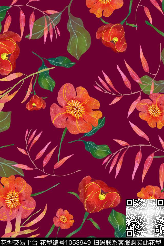 水彩植物2（紫红色）.jpg - 1053949 - 花卉 复古 水彩肌理 - 传统印花花型 － 女装花型设计 － 瓦栏
