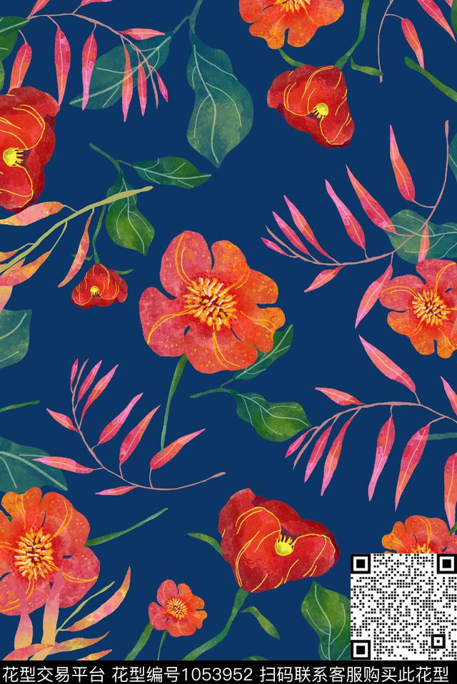 花卉复古水彩肌理传统印花花型下载（图片编号: 1053952） - 瓦栏（Walan）