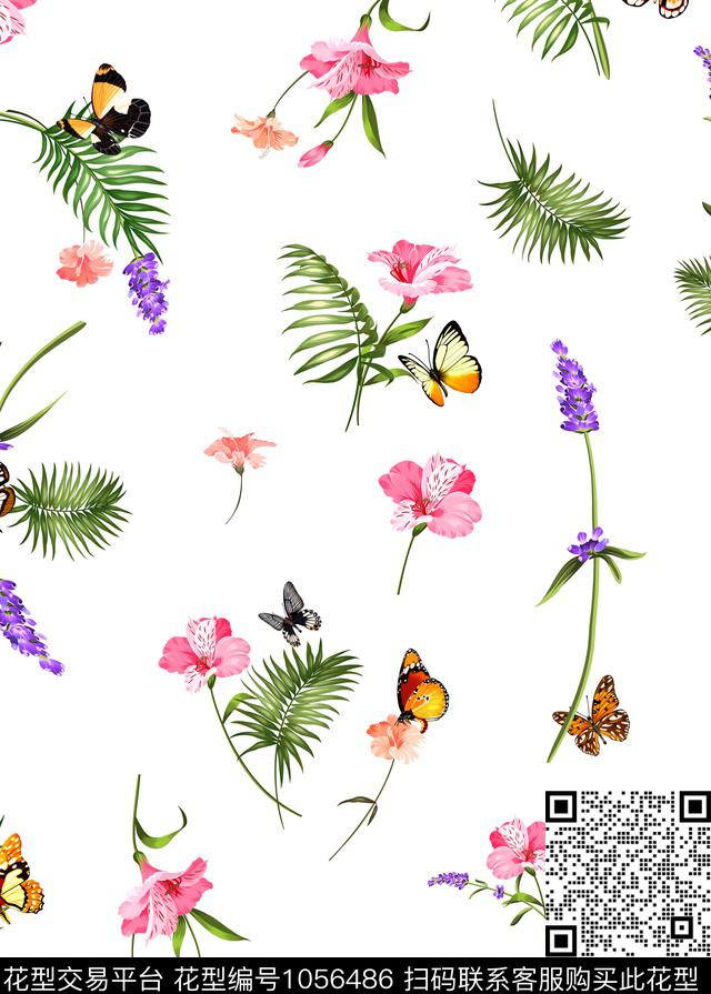 花与蝴蝶.jpg - 1056486 - 小碎花 蝴蝶 棕榈树 - 数码印花花型 － 女装花型设计 － 瓦栏