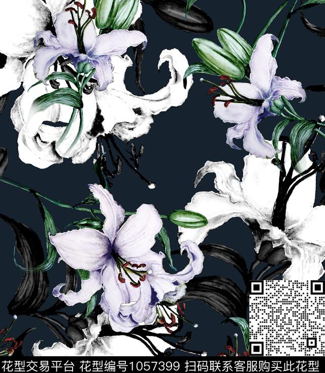未标题-003A.jpg - 1057399 - 数码花型 花卉 荷花 - 数码印花花型 － 女装花型设计 － 瓦栏