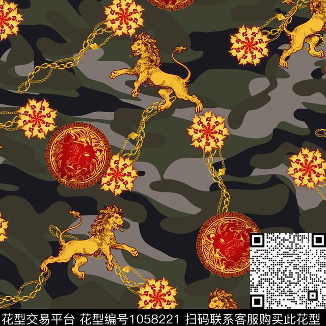 迷彩狮子.jpg - 1058221 - 抽象男装 链条 狮子 - 数码印花花型 － 男装花型设计 － 瓦栏
