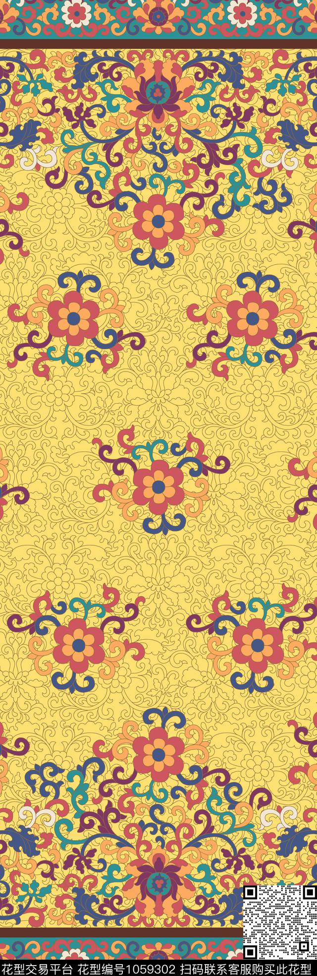 18wl05001-2.jpg - 1059302 - 中国 古典花纹 青花瓷 - 传统印花花型 － 长巾花型设计 － 瓦栏