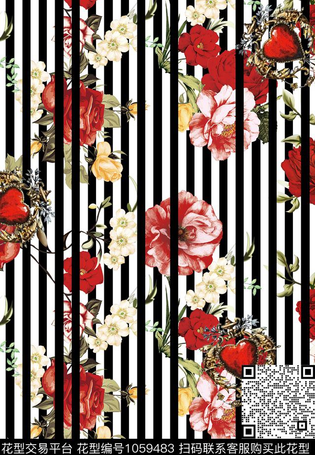竖条花=白.jpg - 1059483 - 条纹 连衣裙 花卉 - 数码印花花型 － 女装花型设计 － 瓦栏
