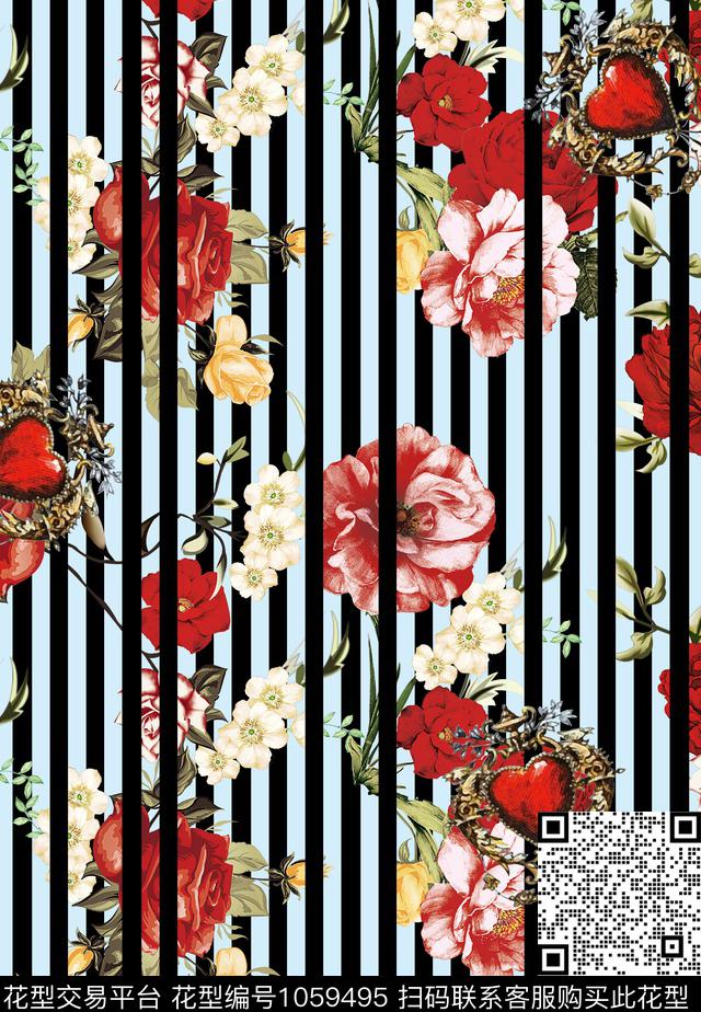 竖条花=蓝.jpg - 1059495 - 条纹 连衣裙 花卉 - 传统印花花型 － 女装花型设计 － 瓦栏