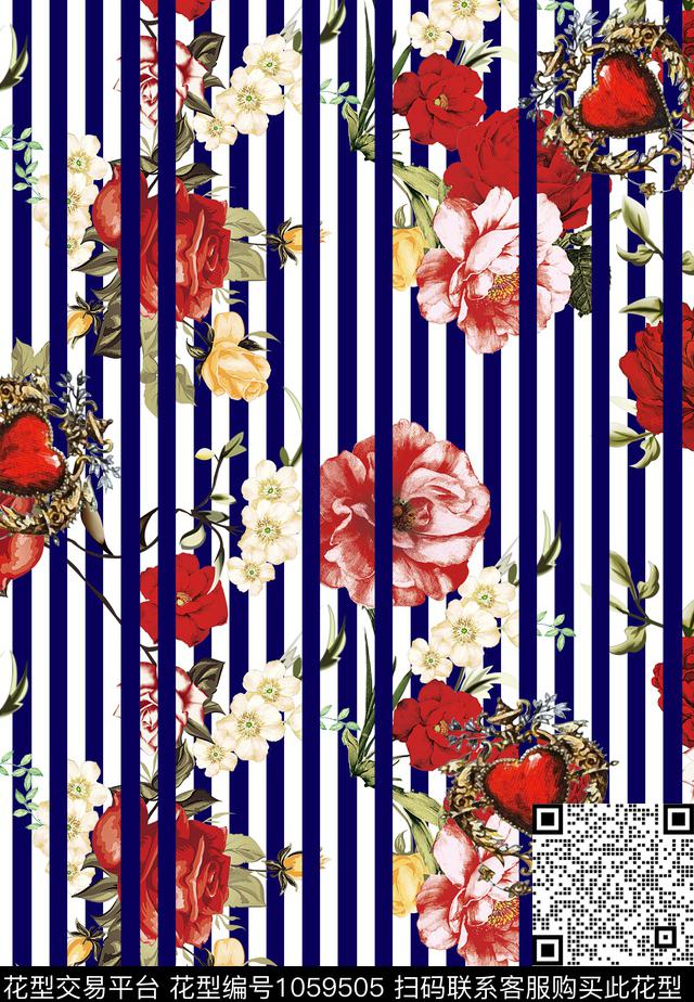 竖条花宝蓝.jpg - 1059505 - 条纹 连衣裙 花卉 - 传统印花花型 － 女装花型设计 － 瓦栏