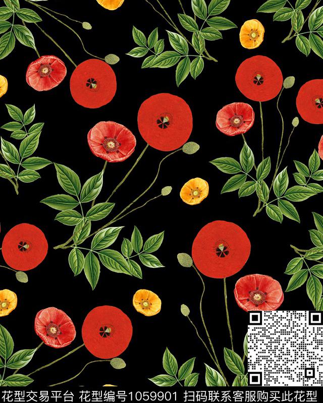 虞美人花卉罂粟花数码印花花型下载（图片编号: 1059901） - 瓦栏（Walan）