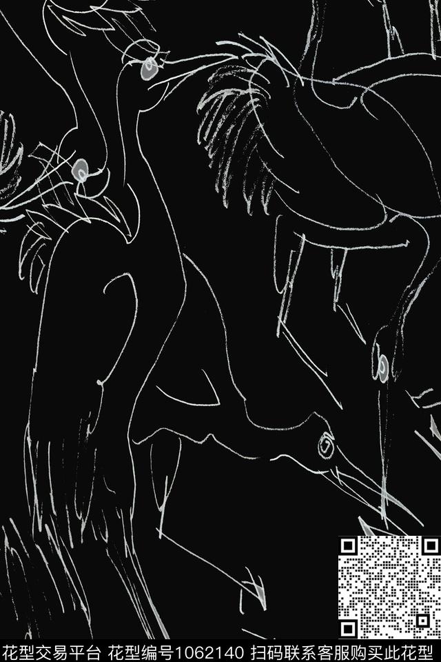 仙鹤签字笔印花男装休闲花卉传统印花花型下载（图片编号: 1062140） - 瓦栏（Walan）
