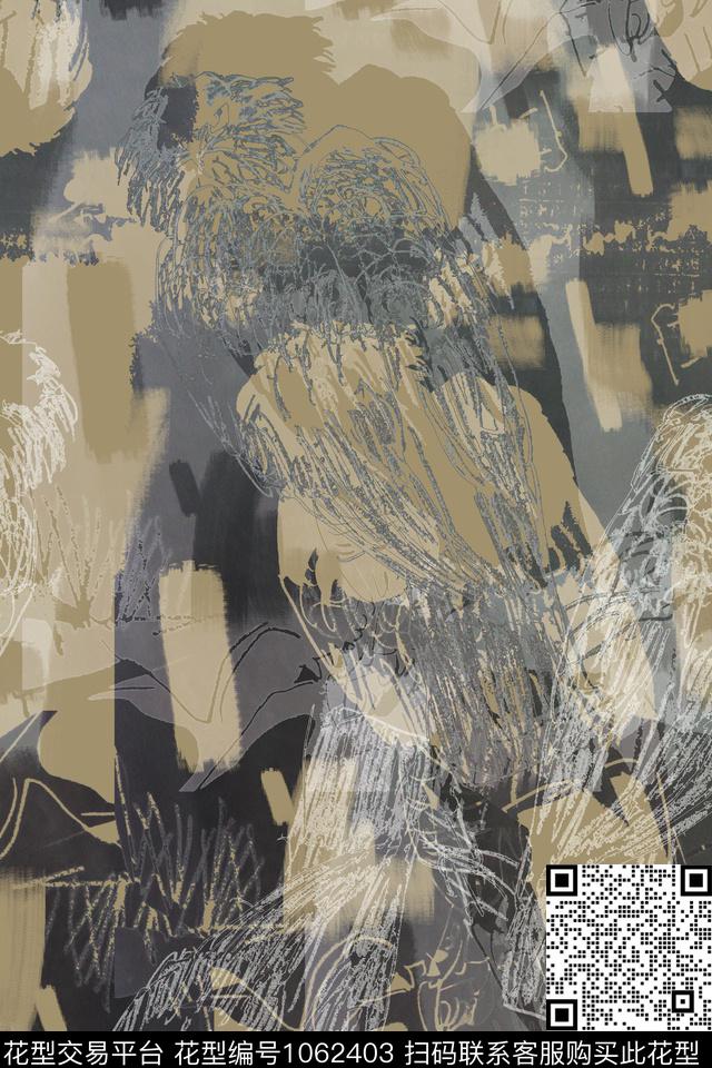 抽象花卉迷彩鸟昆虫图案数码印花花型下载（图片编号: 1062403） - 瓦栏（Walan）