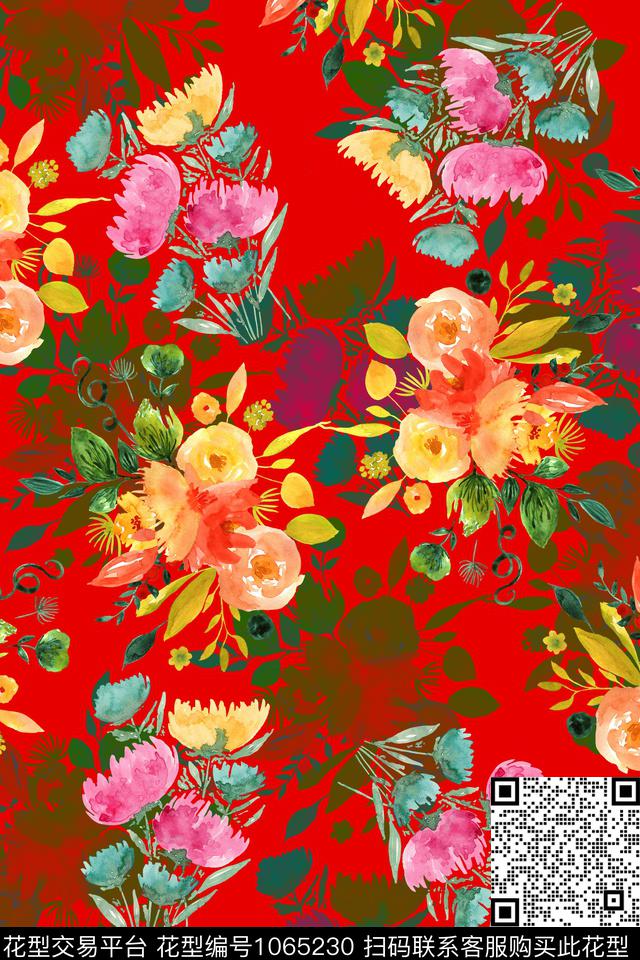 数码花型水彩花卉女装数码印花花型下载（图片编号: 1065230） - 瓦栏（Walan）