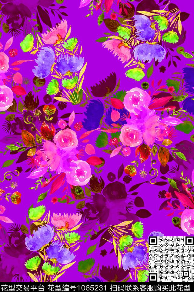 数码花型水彩花卉女装数码印花花型下载（图片编号: 1065231） - 瓦栏（Walan）