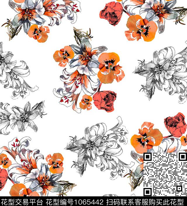 手绘花卉时尚花水彩花卉数码印花花型下载（图片编号: 1065442） - 瓦栏（Walan）