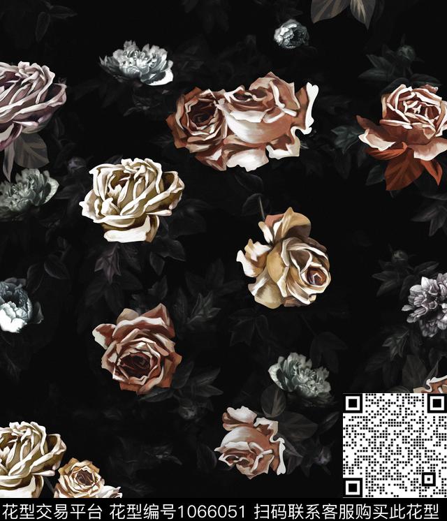 Z9974.jpg - 1066051 - 动物花卉 黑底花卉 玫瑰花 - 数码印花花型 － 男装花型设计 － 瓦栏