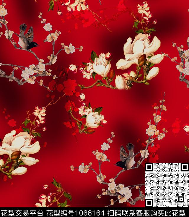 梅花玉兰花香云纱数码印花花型下载（图片编号: 1066164） - 瓦栏（Walan）