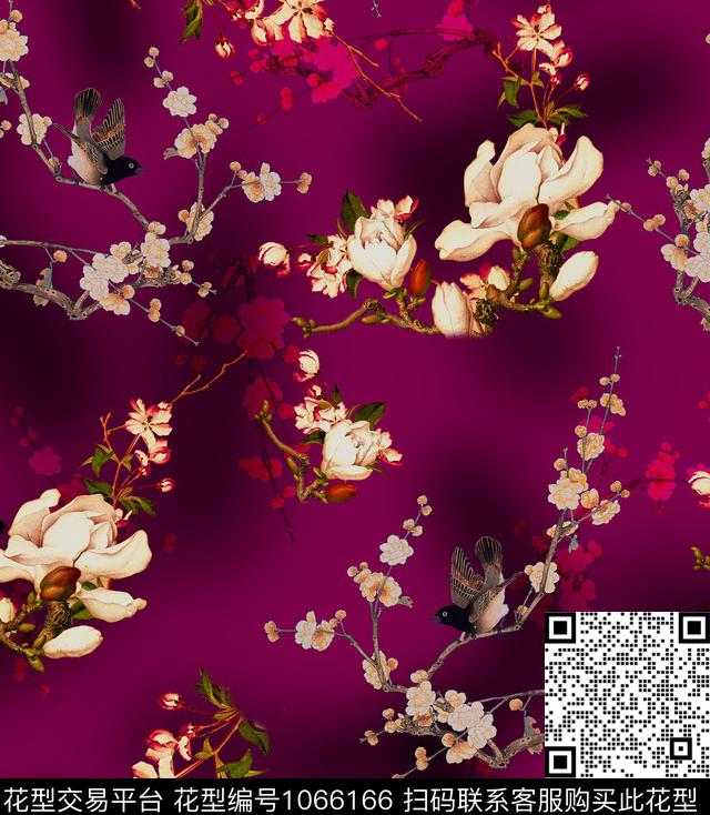 梅花玉兰花香云纱数码印花花型下载（图片编号: 1066166） - 瓦栏（Walan）
