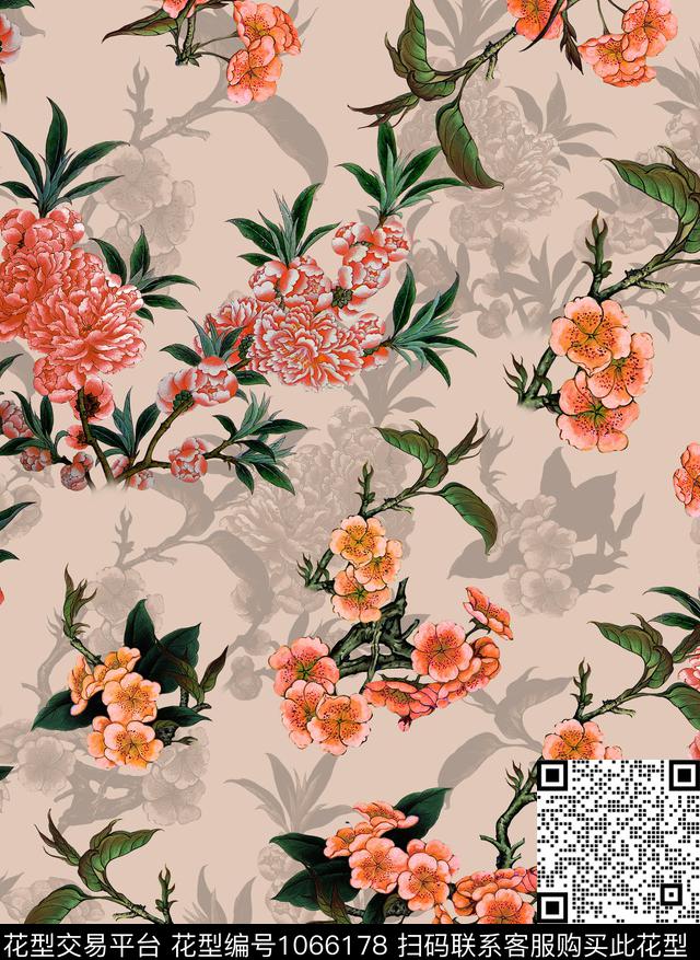 香云纱花卉桃花数码印花花型下载（图片编号: 1066178） - 瓦栏（Walan）