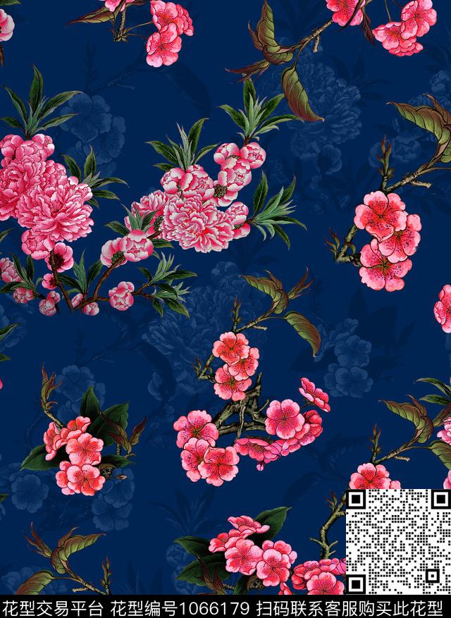 香云纱花卉桃花数码印花花型下载（图片编号: 1066179） - 瓦栏（Walan）