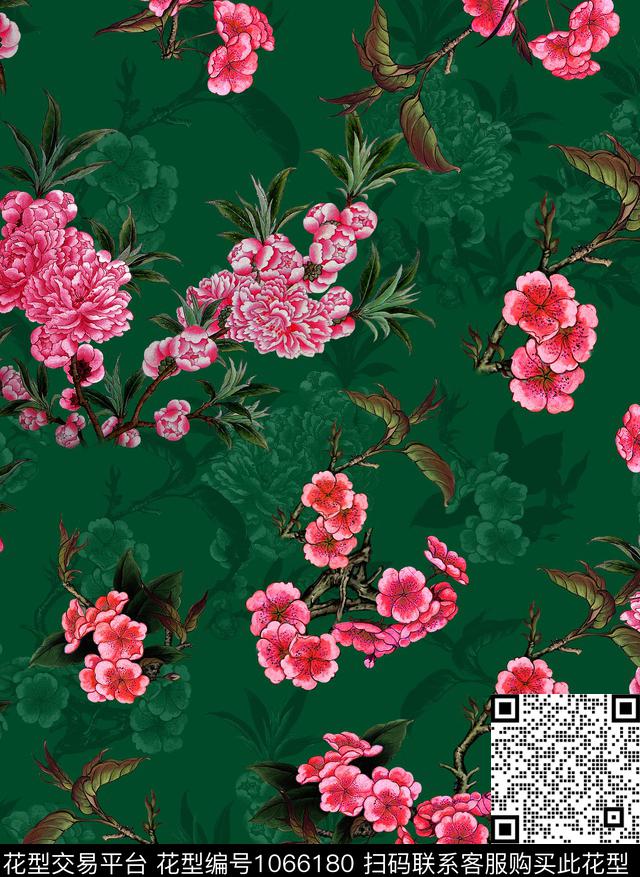 香云纱花卉桃花数码印花花型下载（图片编号: 1066180） - 瓦栏（Walan）