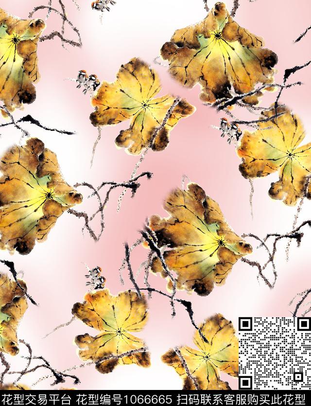 水墨风中国风荷花数码印花花型下载（图片编号: 1066665） - 瓦栏（Walan）