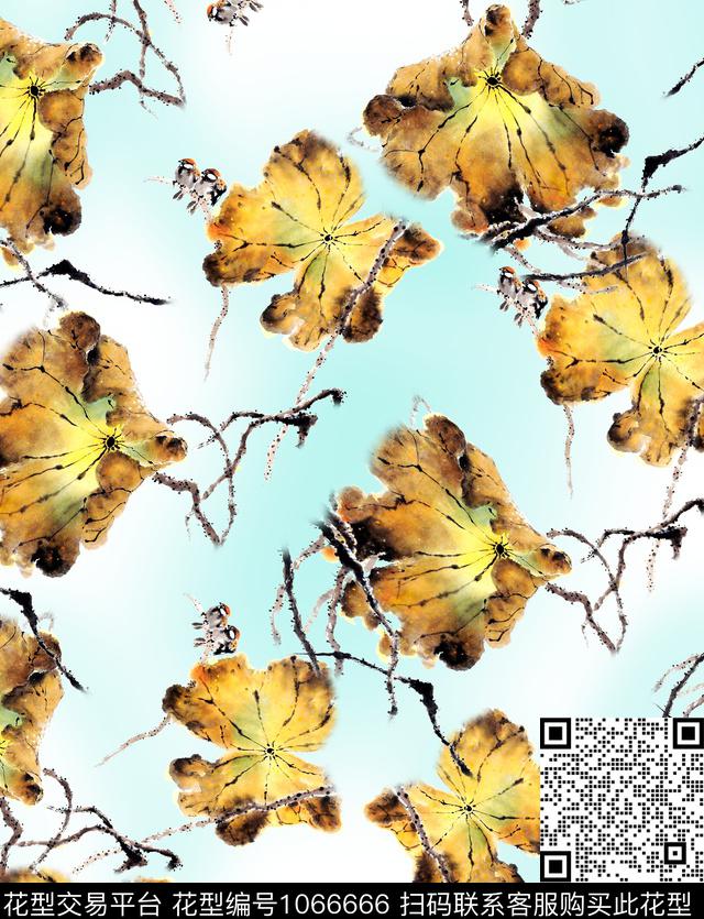 水墨风中国风荷花数码印花花型下载（图片编号: 1066666） - 瓦栏（Walan）