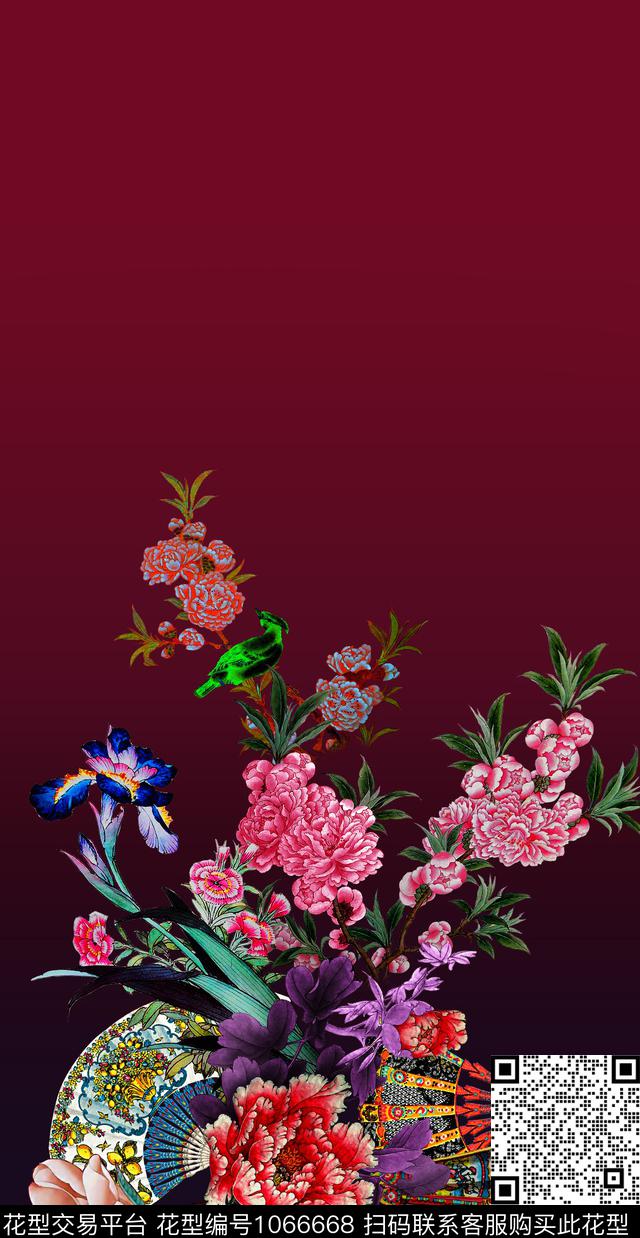玉兰花香云纱定位花数码印花花型下载（图片编号: 1066668） - 瓦栏（Walan）