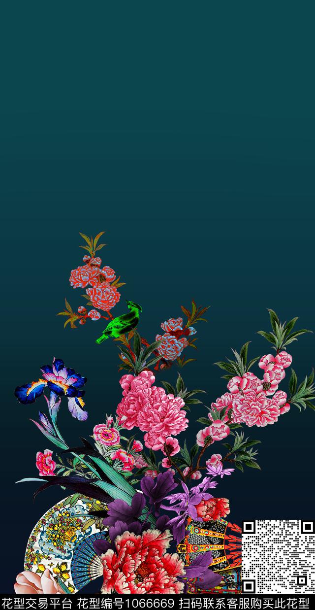 玉兰花香云纱定位花数码印花花型下载（图片编号: 1066669） - 瓦栏（Walan）