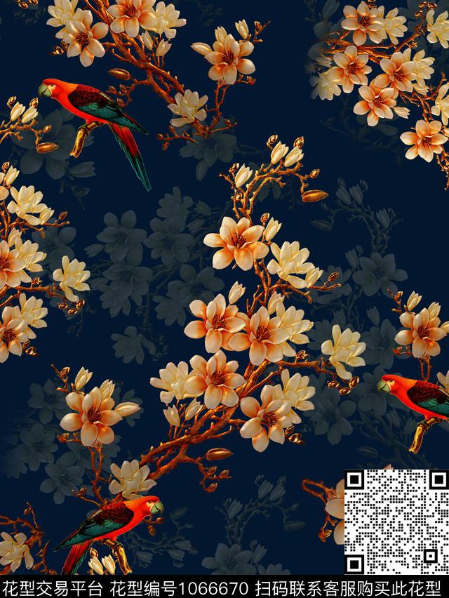 鸟玉兰花香云纱数码印花花型下载（图片编号: 1066670） - 瓦栏（Walan）