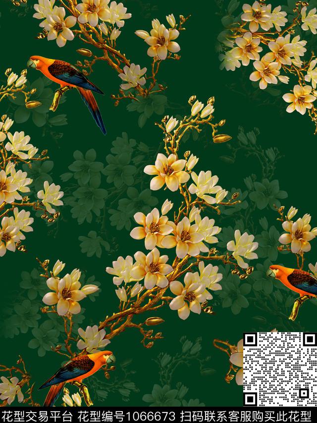 鸟玉兰花香云纱数码印花花型下载（图片编号: 1066673） - 瓦栏（Walan）