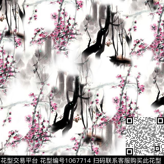 Q-46.jpg - 1067714 - 梅花 手绘花卉 水墨风 - 数码印花花型 － 女装花型设计 － 瓦栏