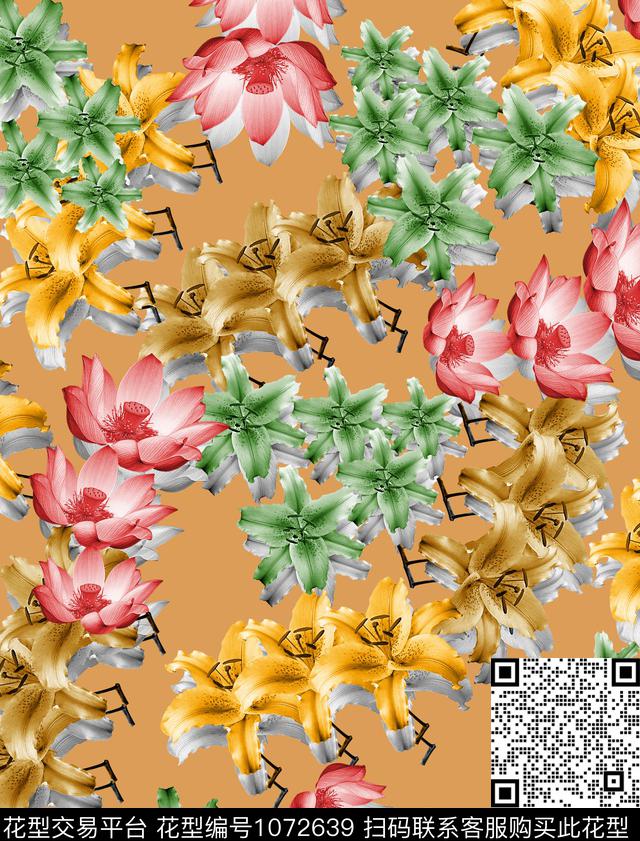花卉女装荷花数码印花花型下载（图片编号: 1072639） - 瓦栏（Walan）