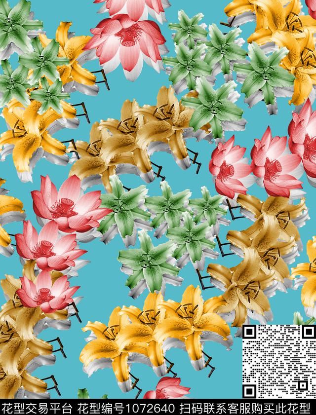 花卉女装荷花数码印花花型下载（图片编号: 1072640） - 瓦栏（Walan）