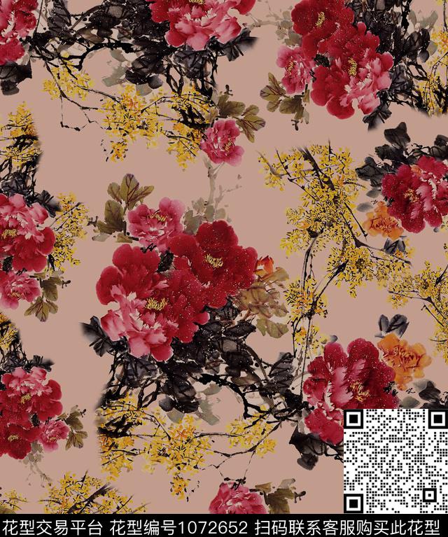 牡丹花卉中国风数码印花花型下载（图片编号: 1072652） - 瓦栏（Walan）