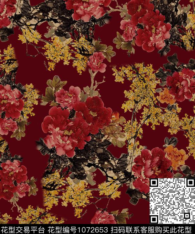 牡丹花卉中国风数码印花花型下载（图片编号: 1072653） - 瓦栏（Walan）