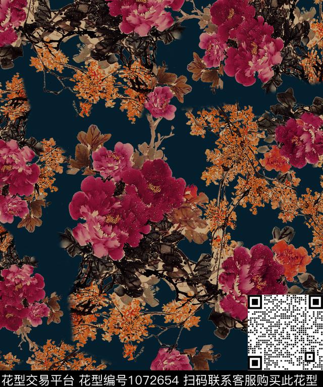 牡丹花卉中国风数码印花花型下载（图片编号: 1072654） - 瓦栏（Walan）