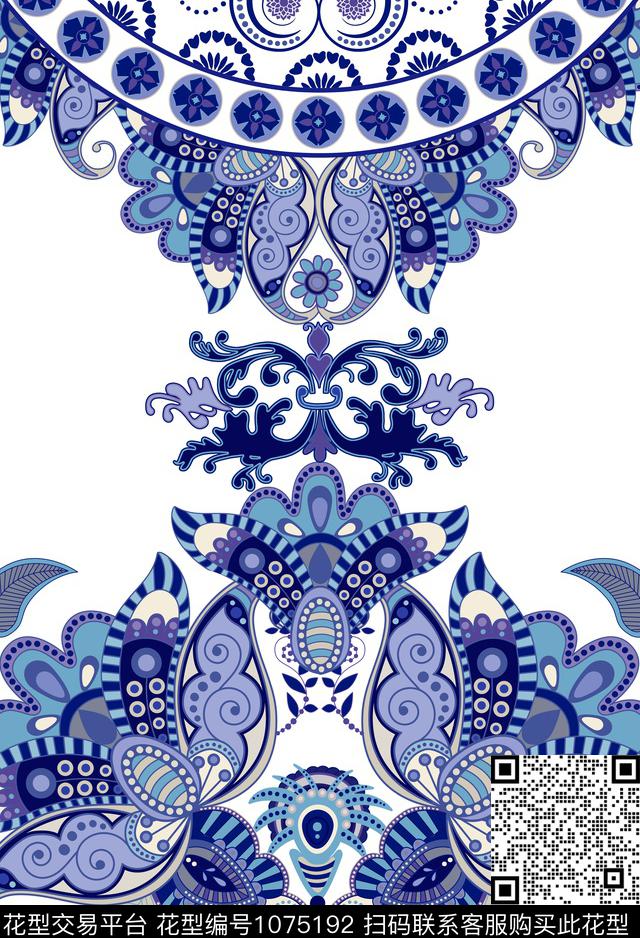 蓝色名族风.jpg - 1075192 - 民族花卉 欧式定位花 佩斯利 - 数码印花花型 － 女装花型设计 － 瓦栏