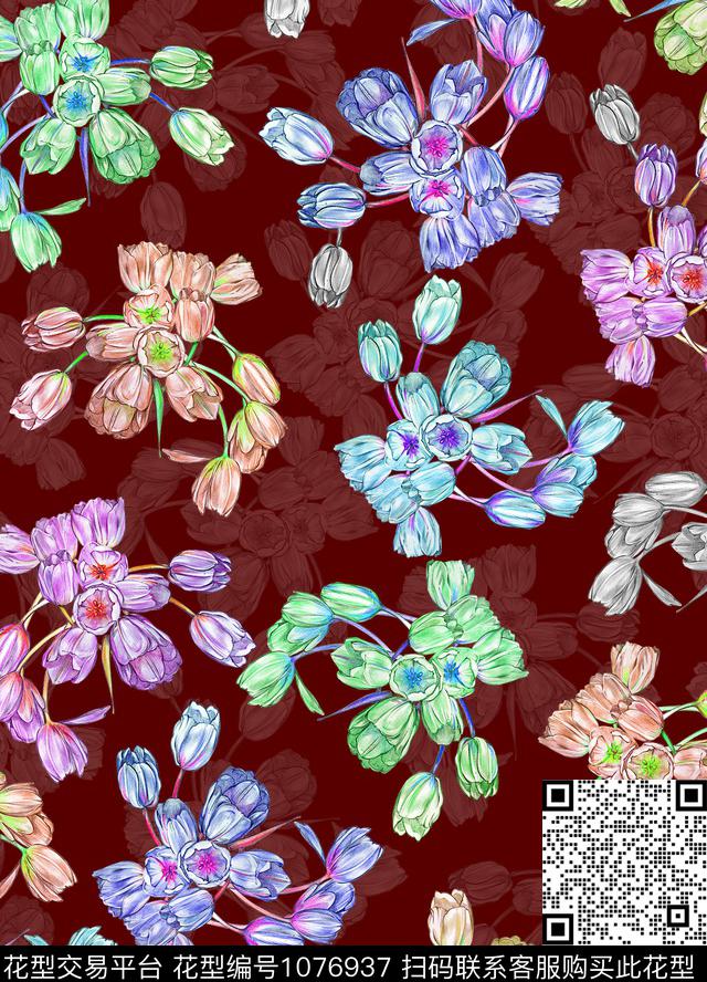 郁金香手绘花卉花卉数码印花花型下载（图片编号: 1076937） - 瓦栏（Walan）