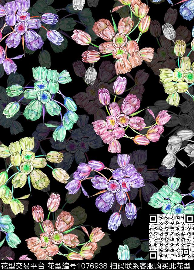 郁金香手绘花卉花卉数码印花花型下载（图片编号: 1076938） - 瓦栏（Walan）